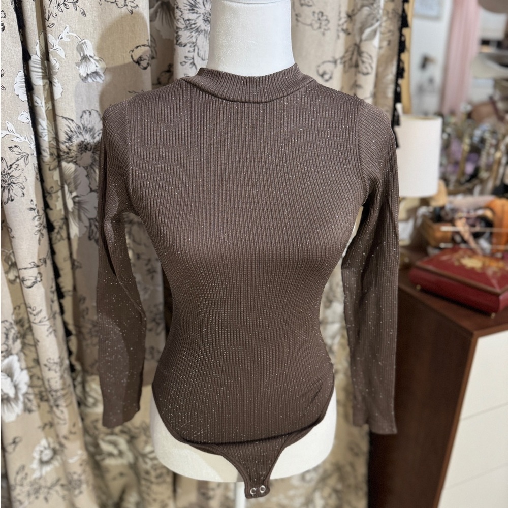 Brown Ribbed Long Sleeve Bodysuit